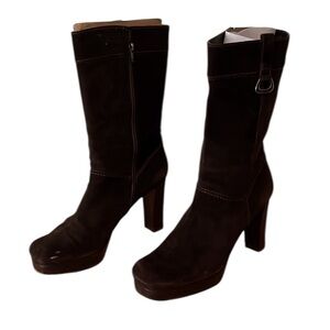 Stuart Weitzman size 10 brown leather & suede platform heeled boots ,square toe